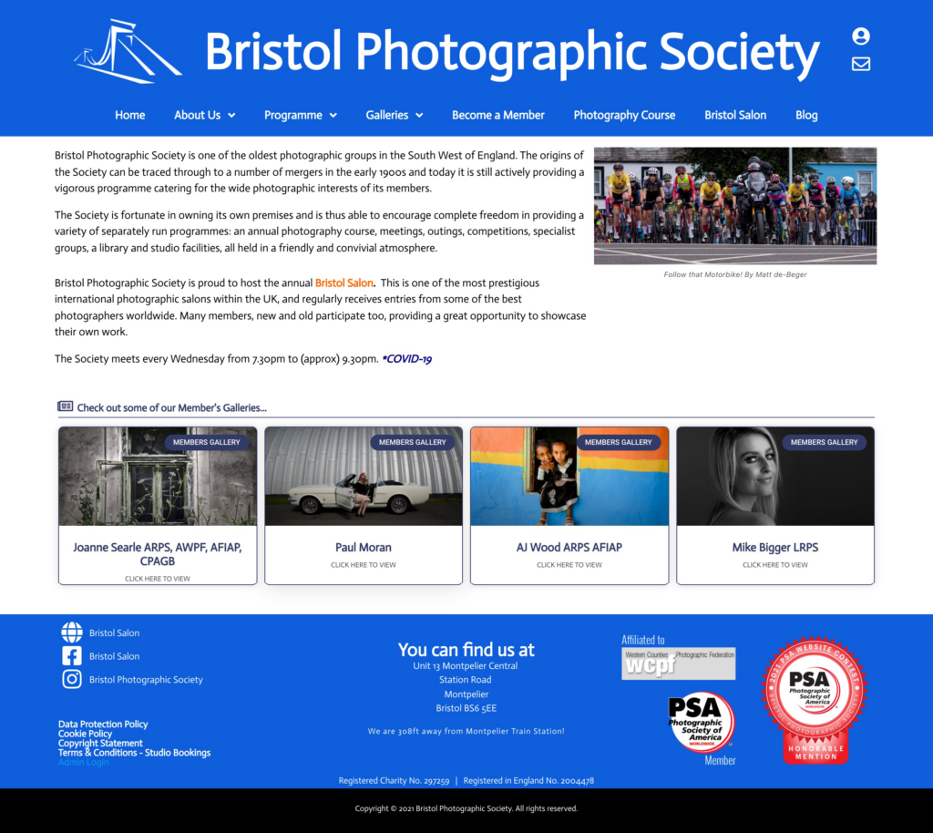 screenshot of Bristol Photographic Society Website Homepage